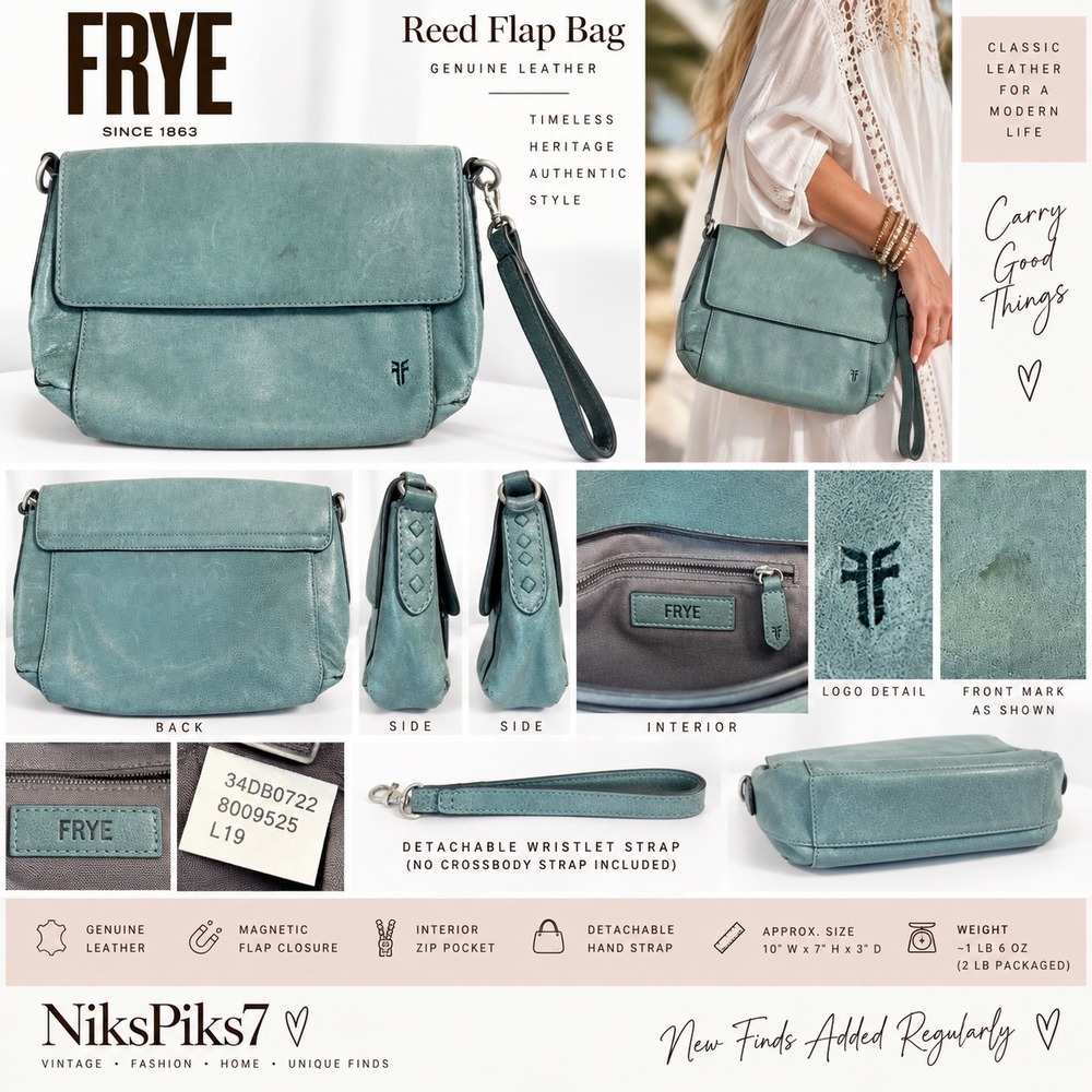 Frye Reed Flap Leather Bag Sky Blue Teal Wristlet Hand Strap Distressed